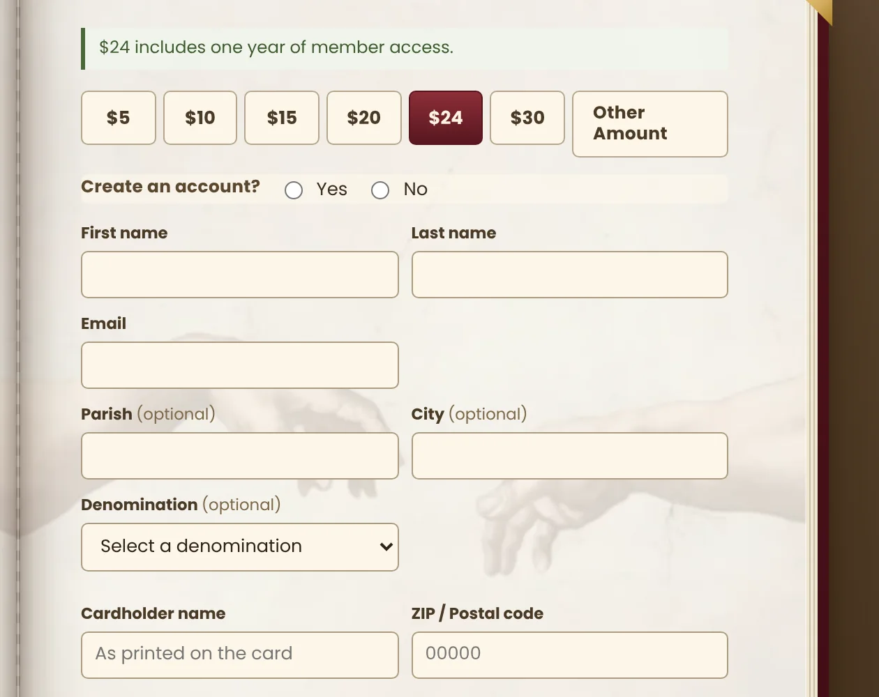 The donation page with the $24 option and the account question