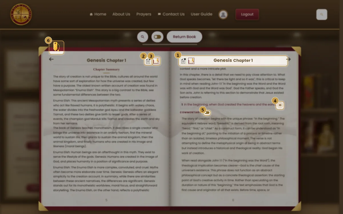 A Bible chapter open in the reader with its controls marked