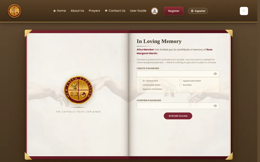 The invitation page with the password fields