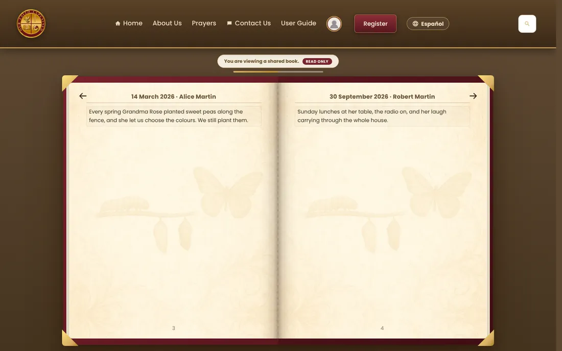 A memory book opened from a share link