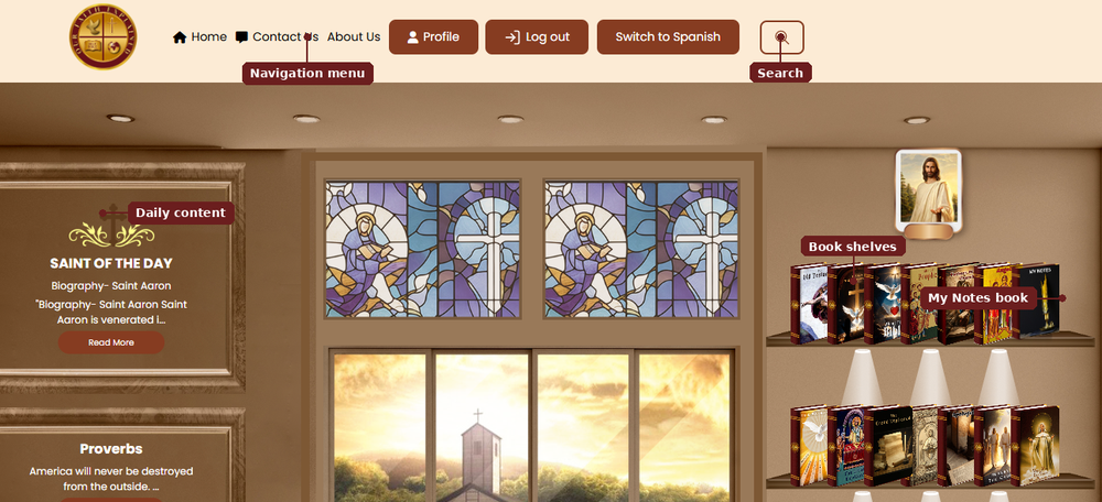 Homepage with main areas labelled