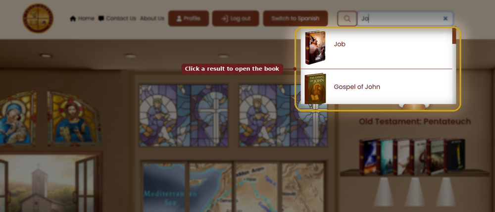 Search results dropdown showing Jo returning Job and Gospel of John