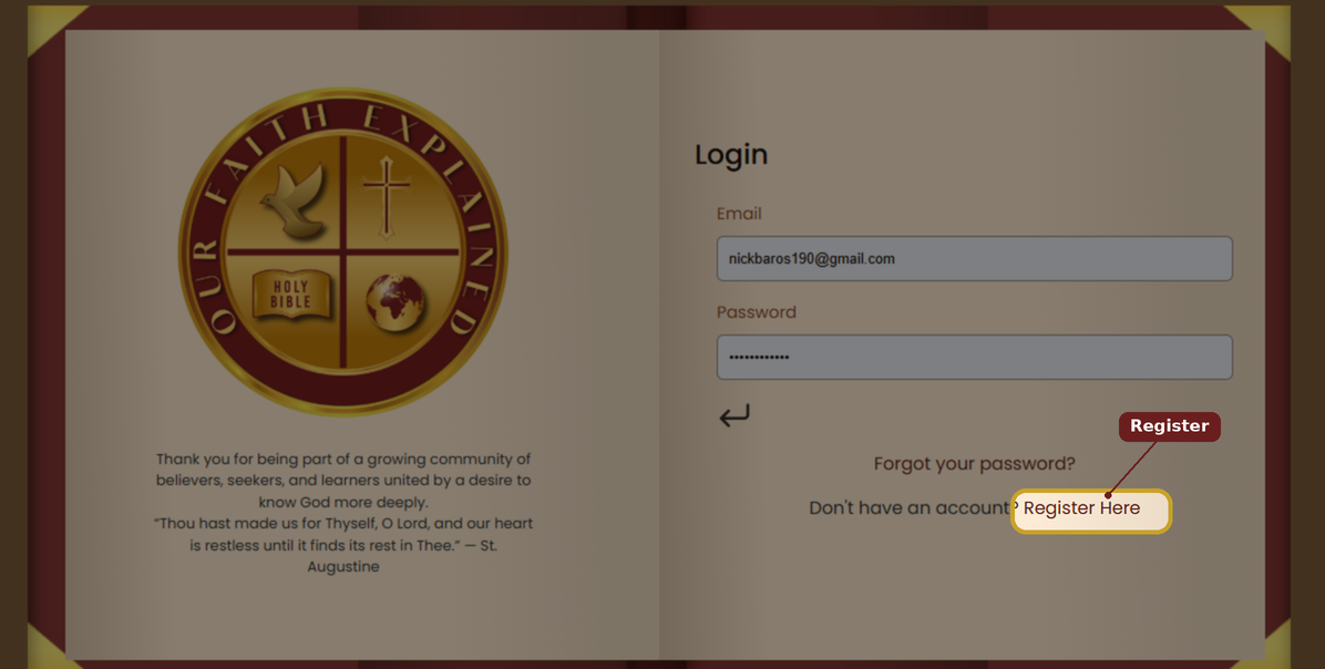 The Register Here link on the Login page