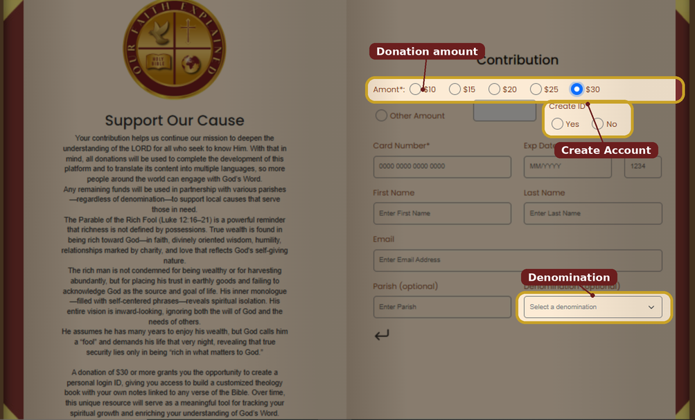 The denomination, donation amount, and Create Account option on the contribution page