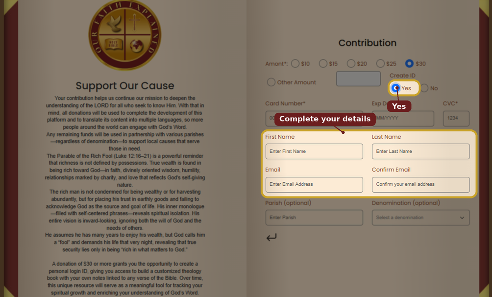 Selecting Yes opens the registration fields for your new account