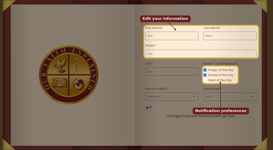 The Profile page, with personal details and notification settings highlighted
