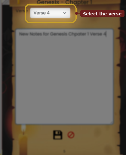 The verse selector at the top of the note panel